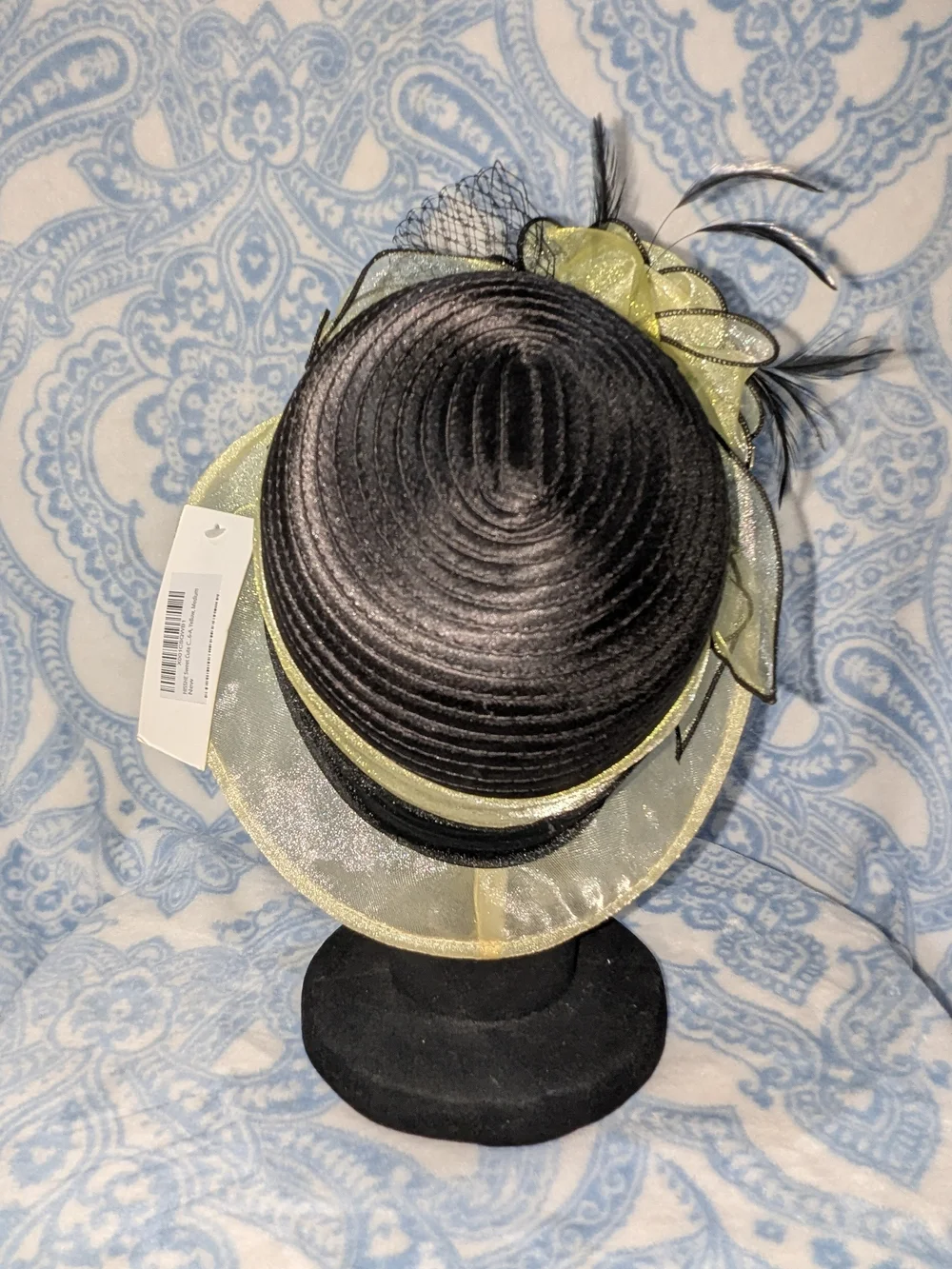 Pale Yellow Wide-Brim Dress Hat with Black Accents